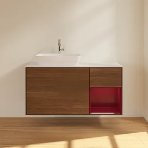Obrázek VILLEROY BOCH Toaletní skříňka Finion, s osvětlením, 3 výsuvy, 1200 x 603 x 501 mm, ořechová dýha / matný lak Pivoňka / matné bílé sklo #F811HBGN