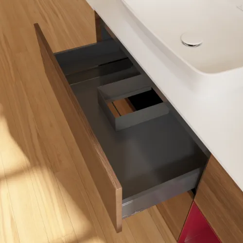 Obrázek VILLEROY BOCH Toaletní skříňka Finion, s osvětlením, 3 výsuvy, 1200 x 603 x 501 mm, ořechová dýha / matný lak Pivoňka / matné bílé sklo #F811HBGN
