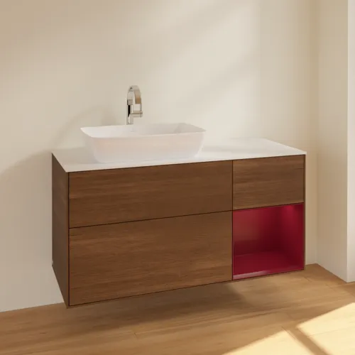 Obrázek VILLEROY BOCH Toaletní skříňka Finion, s osvětlením, 3 výsuvy, 1200 x 603 x 501 mm, ořechová dýha / matný lak Pivoňka / matné bílé sklo #F811HBGN