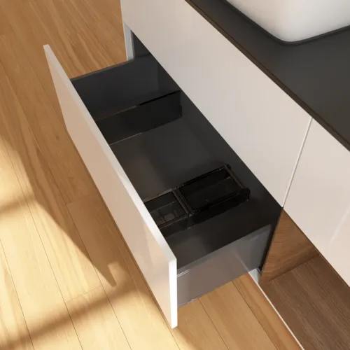 Bild von VILLEROY BOCH Finion Waschbeckenunterschrank, mit Beleuchtung, 3 Auszüge, 1200 x 603 x 501 mm, Glossy White Lacquer / Walnut Veneer / Glass Black Matt #F812GNGF