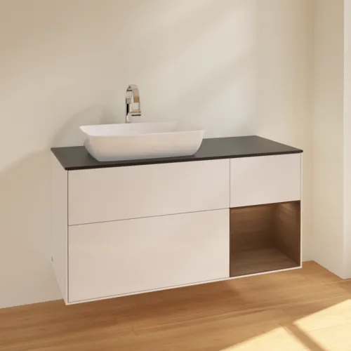 Bild von VILLEROY BOCH Finion Waschbeckenunterschrank, mit Beleuchtung, 3 Auszüge, 1200 x 603 x 501 mm, Glossy White Lacquer / Walnut Veneer / Glass Black Matt #F812GNGF