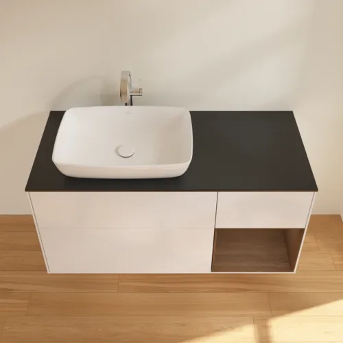 Bild von VILLEROY BOCH Finion Waschbeckenunterschrank, mit Beleuchtung, 3 Auszüge, 1200 x 603 x 501 mm, Glossy White Lacquer / Walnut Veneer / Glass Black Matt #F812GNGF