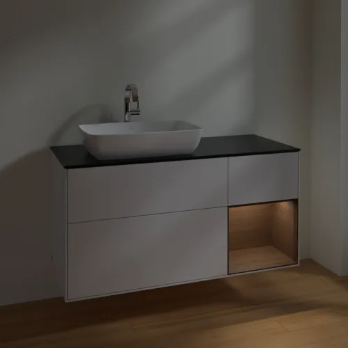 Bild von VILLEROY BOCH Finion Waschbeckenunterschrank, mit Beleuchtung, 3 Auszüge, 1200 x 603 x 501 mm, Glossy White Lacquer / Walnut Veneer / Glass Black Matt #F812GNGF