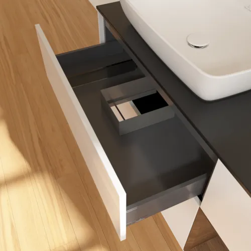 Bild von VILLEROY BOCH Finion Waschbeckenunterschrank, mit Beleuchtung, 3 Auszüge, 1200 x 603 x 501 mm, Glossy White Lacquer / Walnut Veneer / Glass Black Matt #F812GNGF