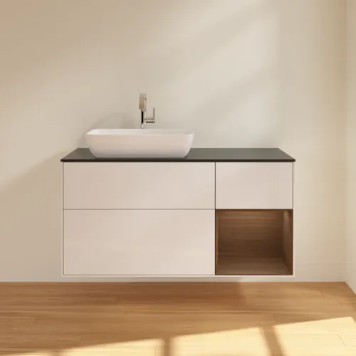 Bild von VILLEROY BOCH Finion Waschbeckenunterschrank, mit Beleuchtung, 3 Auszüge, 1200 x 603 x 501 mm, Glossy White Lacquer / Walnut Veneer / Glass Black Matt #F812GNGF