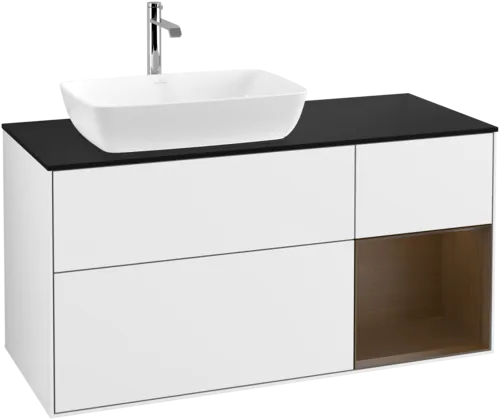 Bild von VILLEROY BOCH Finion Waschbeckenunterschrank, mit Beleuchtung, 3 Auszüge, 1200 x 603 x 501 mm, Glossy White Lacquer / Walnut Veneer / Glass Black Matt #F812GNGF