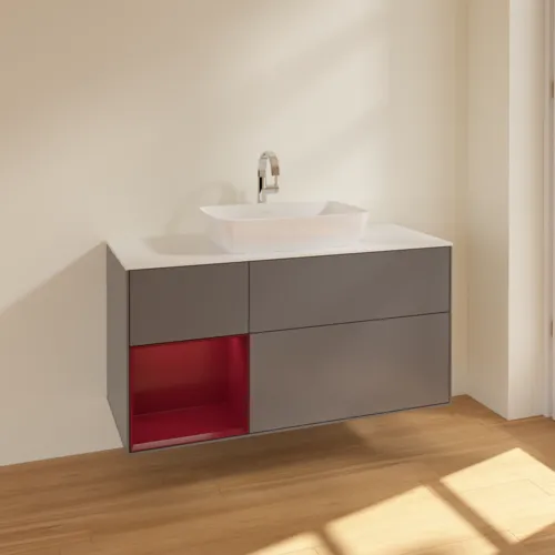 Picture of VILLEROY BOCH Finion Vanity unit, with lighting, 3 pull-out compartments, 1200 x 603 x 501 mm, Anthracite Matt Lacquer / Peony Matt Lacquer / Glass White Matt #F821HBGK