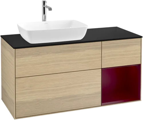 Obrázek VILLEROY BOCH Toaletní skříňka Finion, s osvětlením, 3 výsuvy, 1200 x 603 x 501 mm, dubová dýha / matný lak Pivoňka / matné černé sklo #F812HBPC