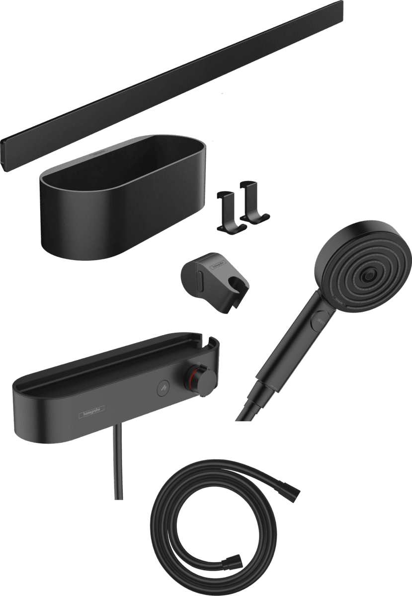 Bild von HANSGROHE WallStoris Bundle Handbrause 105 3jet Activation EcoSmart, Thermostat, Wandstange 70 cm und Accessoireset #24250670 - Mattschwarz