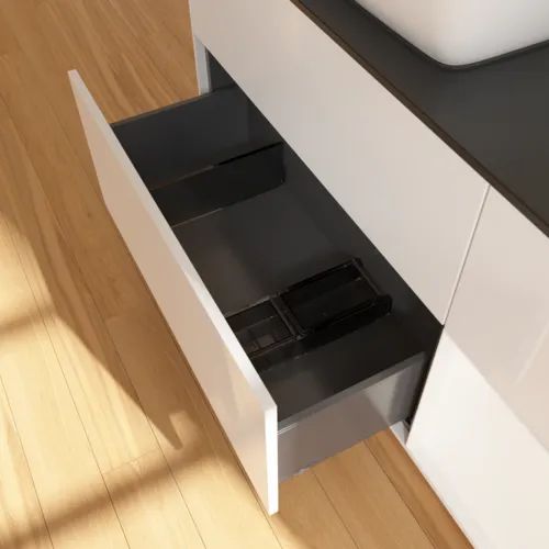 Bild von VILLEROY BOCH Finion Waschbeckenunterschrank, mit Beleuchtung, 3 Auszüge, 1200 x 603 x 501 mm, Glossy White Lacquer / White Matt Lacquer / Glass Black Matt #F812MTGF