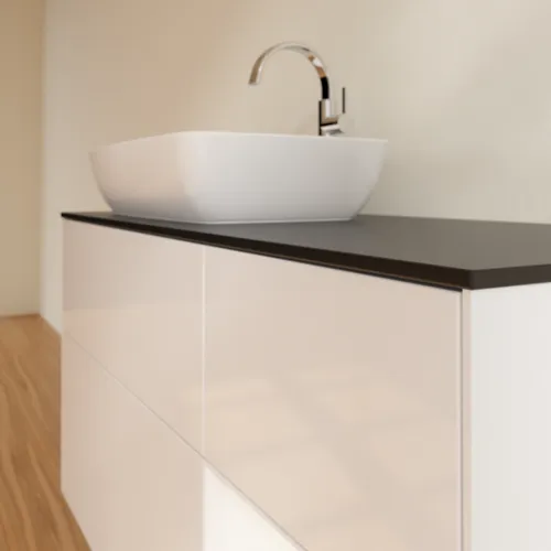 Bild von VILLEROY BOCH Finion Waschbeckenunterschrank, mit Beleuchtung, 3 Auszüge, 1200 x 603 x 501 mm, Glossy White Lacquer / White Matt Lacquer / Glass Black Matt #F812MTGF