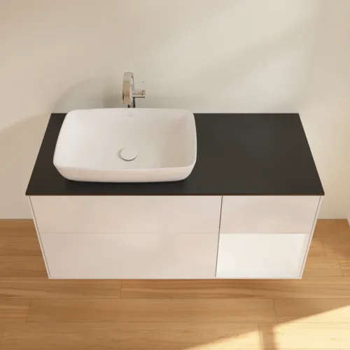 Bild von VILLEROY BOCH Finion Waschbeckenunterschrank, mit Beleuchtung, 3 Auszüge, 1200 x 603 x 501 mm, Glossy White Lacquer / White Matt Lacquer / Glass Black Matt #F812MTGF