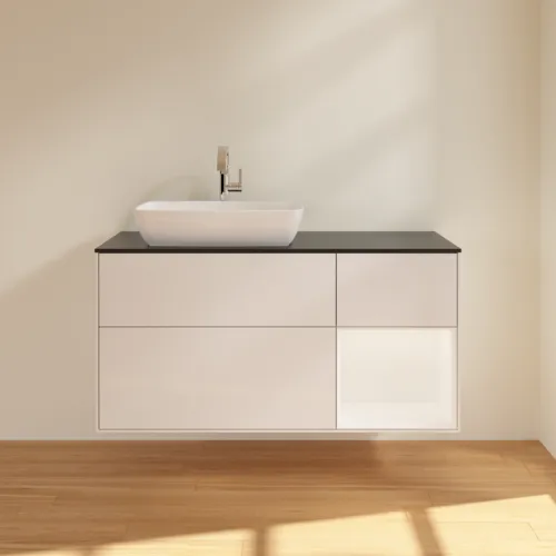 Bild von VILLEROY BOCH Finion Waschbeckenunterschrank, mit Beleuchtung, 3 Auszüge, 1200 x 603 x 501 mm, Glossy White Lacquer / White Matt Lacquer / Glass Black Matt #F812MTGF