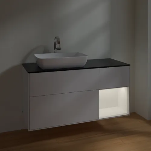 Bild von VILLEROY BOCH Finion Waschbeckenunterschrank, mit Beleuchtung, 3 Auszüge, 1200 x 603 x 501 mm, Glossy White Lacquer / White Matt Lacquer / Glass Black Matt #F812MTGF