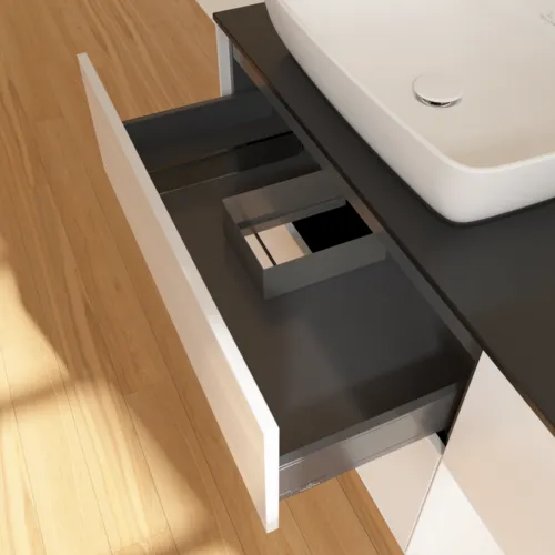 Bild von VILLEROY BOCH Finion Waschbeckenunterschrank, mit Beleuchtung, 3 Auszüge, 1200 x 603 x 501 mm, Glossy White Lacquer / White Matt Lacquer / Glass Black Matt #F812MTGF