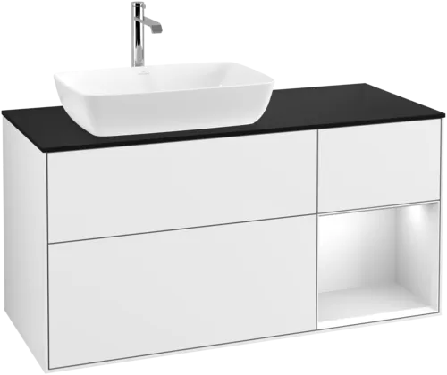 Bild von VILLEROY BOCH Finion Waschbeckenunterschrank, mit Beleuchtung, 3 Auszüge, 1200 x 603 x 501 mm, Glossy White Lacquer / White Matt Lacquer / Glass Black Matt #F812MTGF