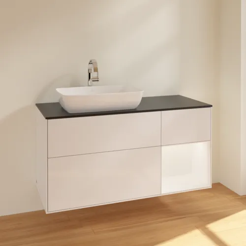 Bild von VILLEROY BOCH Finion Waschbeckenunterschrank, mit Beleuchtung, 3 Auszüge, 1200 x 603 x 501 mm, Glossy White Lacquer / White Matt Lacquer / Glass Black Matt #F812MTGF