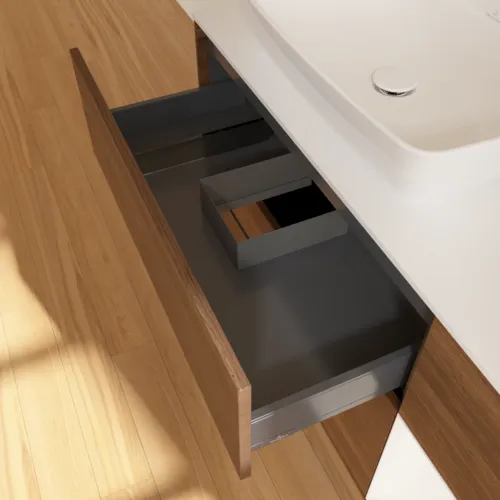 Bild von VILLEROY BOCH Finion Waschbeckenunterschrank, mit Beleuchtung, 3 Auszüge, 1200 x 603 x 501 mm, Walnut Veneer / White Matt Lacquer / Glass White Matt #F811MTGN