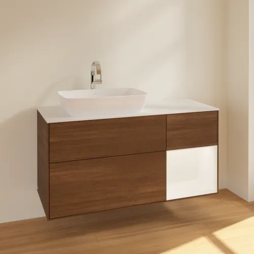 Bild von VILLEROY BOCH Finion Waschbeckenunterschrank, mit Beleuchtung, 3 Auszüge, 1200 x 603 x 501 mm, Walnut Veneer / White Matt Lacquer / Glass White Matt #F811MTGN