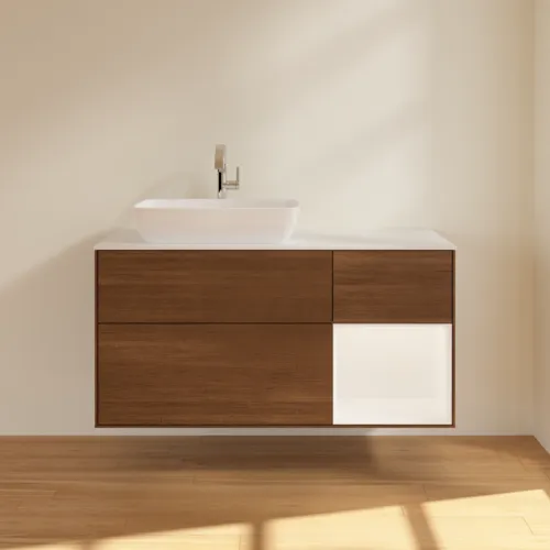 Bild von VILLEROY BOCH Finion Waschbeckenunterschrank, mit Beleuchtung, 3 Auszüge, 1200 x 603 x 501 mm, Walnut Veneer / White Matt Lacquer / Glass White Matt #F811MTGN