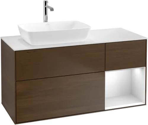 Bild von VILLEROY BOCH Finion Waschbeckenunterschrank, mit Beleuchtung, 3 Auszüge, 1200 x 603 x 501 mm, Walnut Veneer / White Matt Lacquer / Glass White Matt #F811MTGN