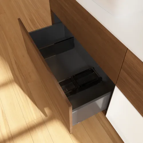 Bild von VILLEROY BOCH Finion Waschbeckenunterschrank, mit Beleuchtung, 3 Auszüge, 1200 x 603 x 501 mm, Walnut Veneer / White Matt Lacquer / Glass White Matt #F811MTGN