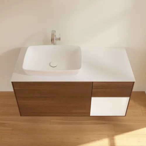 Bild von VILLEROY BOCH Finion Waschbeckenunterschrank, mit Beleuchtung, 3 Auszüge, 1200 x 603 x 501 mm, Walnut Veneer / White Matt Lacquer / Glass White Matt #F811MTGN