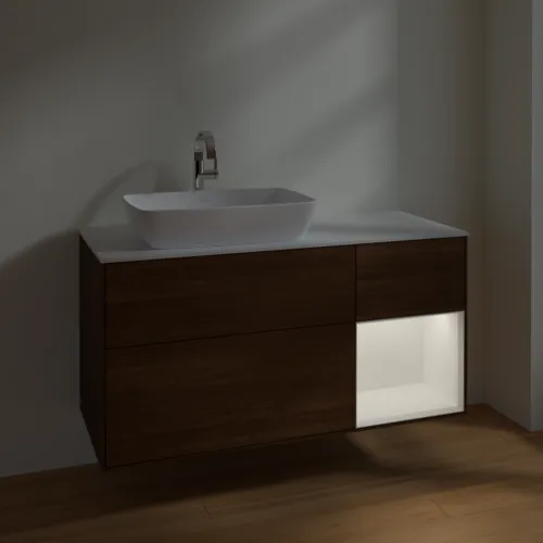 Bild von VILLEROY BOCH Finion Waschbeckenunterschrank, mit Beleuchtung, 3 Auszüge, 1200 x 603 x 501 mm, Walnut Veneer / White Matt Lacquer / Glass White Matt #F811MTGN
