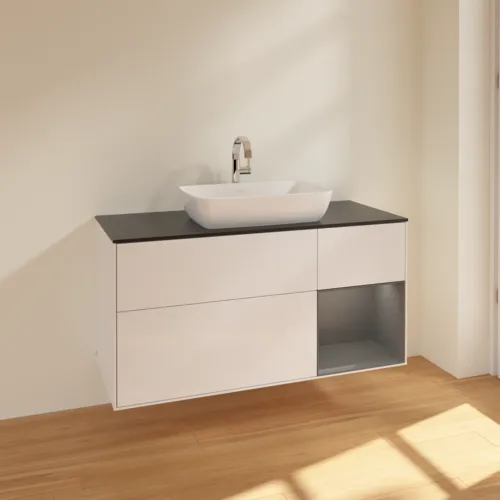 Bild von VILLEROY BOCH Finion Waschbeckenunterschrank, mit Beleuchtung, 3 Auszüge, 1200 x 603 x 501 mm, Glossy White Lacquer / Anthracite Matt Lacquer / Glass Black Matt #F832GKGF