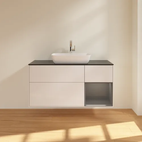 Bild von VILLEROY BOCH Finion Waschbeckenunterschrank, mit Beleuchtung, 3 Auszüge, 1200 x 603 x 501 mm, Glossy White Lacquer / Anthracite Matt Lacquer / Glass Black Matt #F832GKGF