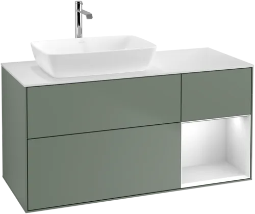 Bild von VILLEROY BOCH Finion Waschbeckenunterschrank, mit Beleuchtung, 3 Auszüge, 1200 x 603 x 501 mm, Olive Matt Lacquer / White Matt Lacquer / Glass White Matt #F811MTGM