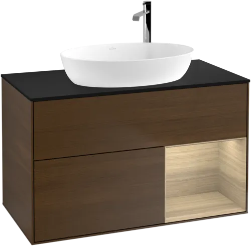 Bild von VILLEROY BOCH Finion Waschbeckenunterschrank, mit Beleuchtung, 2 Auszüge, 1000 x 603 x 501 mm, Walnut Veneer / Oak Veneer / Glass Black Matt #F902PCGN