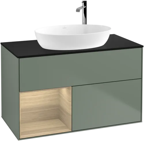 Bild von VILLEROY BOCH Finion Waschbeckenunterschrank, mit Beleuchtung, 2 Auszüge, 1000 x 603 x 501 mm, Olive Matt Lacquer / Oak Veneer / Glass Black Matt #F892PCGM