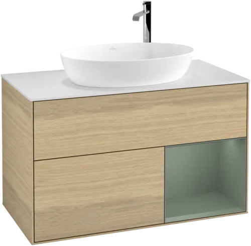 Bild von VILLEROY BOCH Finion Waschbeckenunterschrank, mit Beleuchtung, 2 Auszüge, 1000 x 603 x 501 mm, Oak Veneer / Olive Matt Lacquer / Glass White Matt #F901GMPC