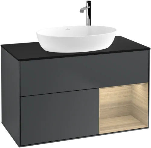 Bild von VILLEROY BOCH Finion Waschbeckenunterschrank, mit Beleuchtung, 2 Auszüge, 1000 x 603 x 501 mm, Midnight Blue Matt Lacquer / Oak Veneer / Glass Black Matt #F902PCHG