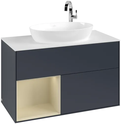 Obrázek VILLEROY BOCH Toaletní skříňka Finion, s osvětlením, 2 výsuvy, 1000 x 603 x 501 mm, Midnight Blue Matt Lacquer / Silk Grey Matt Lacquer / Glass White Matt #F891HJHG