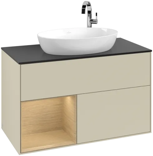 Bild von VILLEROY BOCH Finion Waschbeckenunterschrank, mit Beleuchtung, 2 Auszüge, 1000 x 603 x 501 mm, Silk Grey Matt Lacquer / Oak Veneer / Glass Black Matt #F892PCHJ