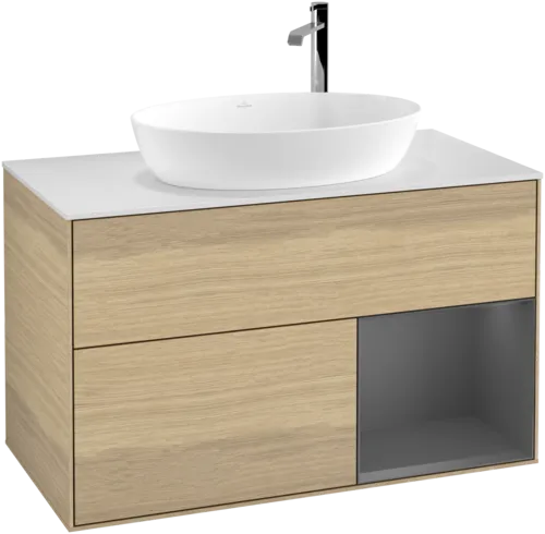 Bild von VILLEROY BOCH Finion Waschbeckenunterschrank, mit Beleuchtung, 2 Auszüge, 1000 x 603 x 501 mm, Oak Veneer / Anthracite Matt Lacquer / Glass White Matt #F901GKPC