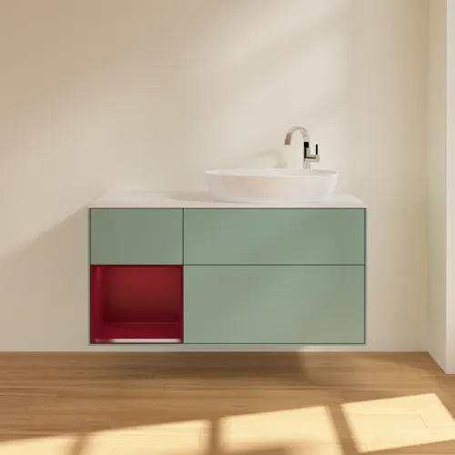Bild von VILLEROY BOCH Finion Waschbeckenunterschrank, mit Beleuchtung, 3 Auszüge, 1200 x 603 x 501 mm, Olive Matt Lacquer / Peony Matt Lacquer / Glass White Matt #F921HBGM