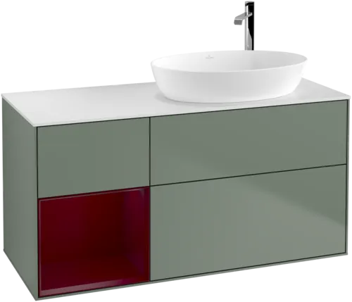 Bild von VILLEROY BOCH Finion Waschbeckenunterschrank, mit Beleuchtung, 3 Auszüge, 1200 x 603 x 501 mm, Olive Matt Lacquer / Peony Matt Lacquer / Glass White Matt #F921HBGM