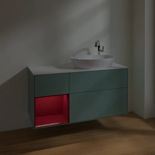 Bild von VILLEROY BOCH Finion Waschbeckenunterschrank, mit Beleuchtung, 3 Auszüge, 1200 x 603 x 501 mm, Olive Matt Lacquer / Peony Matt Lacquer / Glass White Matt #F921HBGM