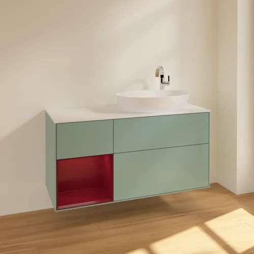 Bild von VILLEROY BOCH Finion Waschbeckenunterschrank, mit Beleuchtung, 3 Auszüge, 1200 x 603 x 501 mm, Olive Matt Lacquer / Peony Matt Lacquer / Glass White Matt #F921HBGM