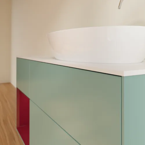 Bild von VILLEROY BOCH Finion Waschbeckenunterschrank, mit Beleuchtung, 3 Auszüge, 1200 x 603 x 501 mm, Olive Matt Lacquer / Peony Matt Lacquer / Glass White Matt #F921HBGM