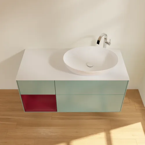 Bild von VILLEROY BOCH Finion Waschbeckenunterschrank, mit Beleuchtung, 3 Auszüge, 1200 x 603 x 501 mm, Olive Matt Lacquer / Peony Matt Lacquer / Glass White Matt #F921HBGM