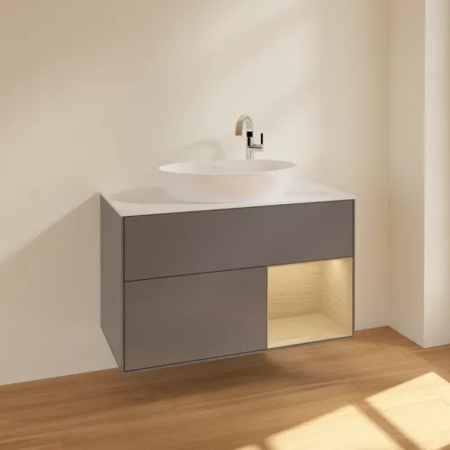 Bild von VILLEROY BOCH Finion Waschbeckenunterschrank, mit Beleuchtung, 2 Auszüge, 1000 x 603 x 501 mm, Anthracite Matt Lacquer / Oak Veneer / Glass White Matt #F901PCGK