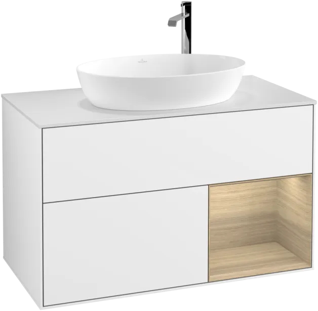 Bild von VILLEROY BOCH Finion Waschbeckenunterschrank, mit Beleuchtung, 2 Auszüge, 1000 x 603 x 501 mm, Glossy White Lacquer / Oak Veneer / Glass White Matt #F901PCGF