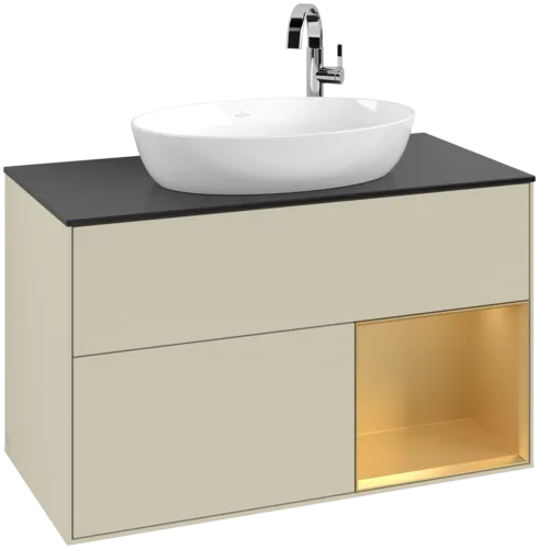 Bild von VILLEROY BOCH Finion Waschbeckenunterschrank, mit Beleuchtung, 2 Auszüge, 1000 x 603 x 501 mm, Silk Grey Matt Lacquer / Gold Matt Lacquer / Glass Black Matt #F902HFHJ