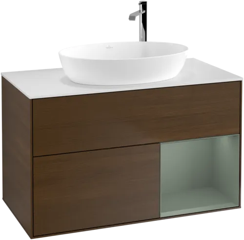 Bild von VILLEROY BOCH Finion Waschbeckenunterschrank, mit Beleuchtung, 2 Auszüge, 1000 x 603 x 501 mm, Walnut Veneer / Olive Matt Lacquer / Glass White Matt #F901GMGN