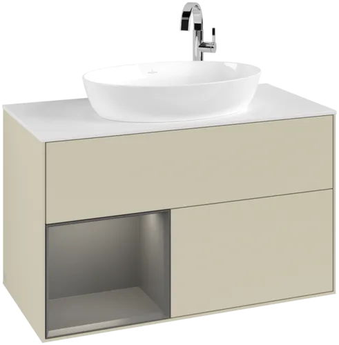 Obrázek VILLEROY BOCH Toaletní skříňka Finion, s osvětlením, 2 výsuvy, 1000 x 603 x 501 mm, hedvábně šedý matný lak / antracitový matný lak / bílé matné sklo #F891GKHJ