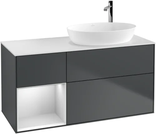 Bild von VILLEROY BOCH Finion Waschbeckenunterschrank, mit Beleuchtung, 3 Auszüge, 1200 x 603 x 501 mm, Midnight Blue Matt Lacquer / White Matt Lacquer / Glass White Matt #F921MTHG